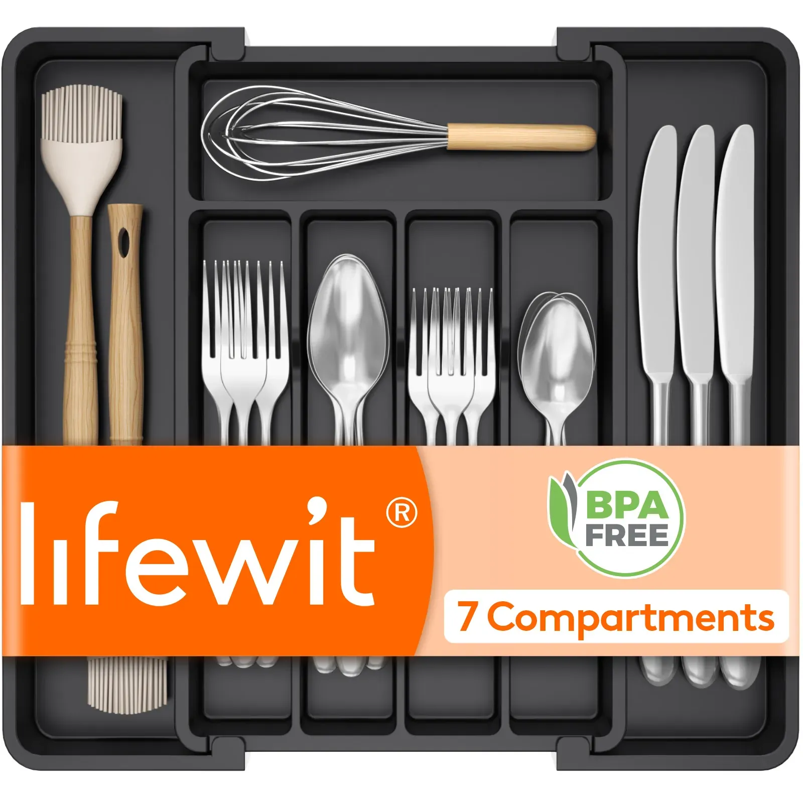 Expandable Silverware Drawer Organizer, 7-Compartment Utensil Tray, Black (3-Pack)