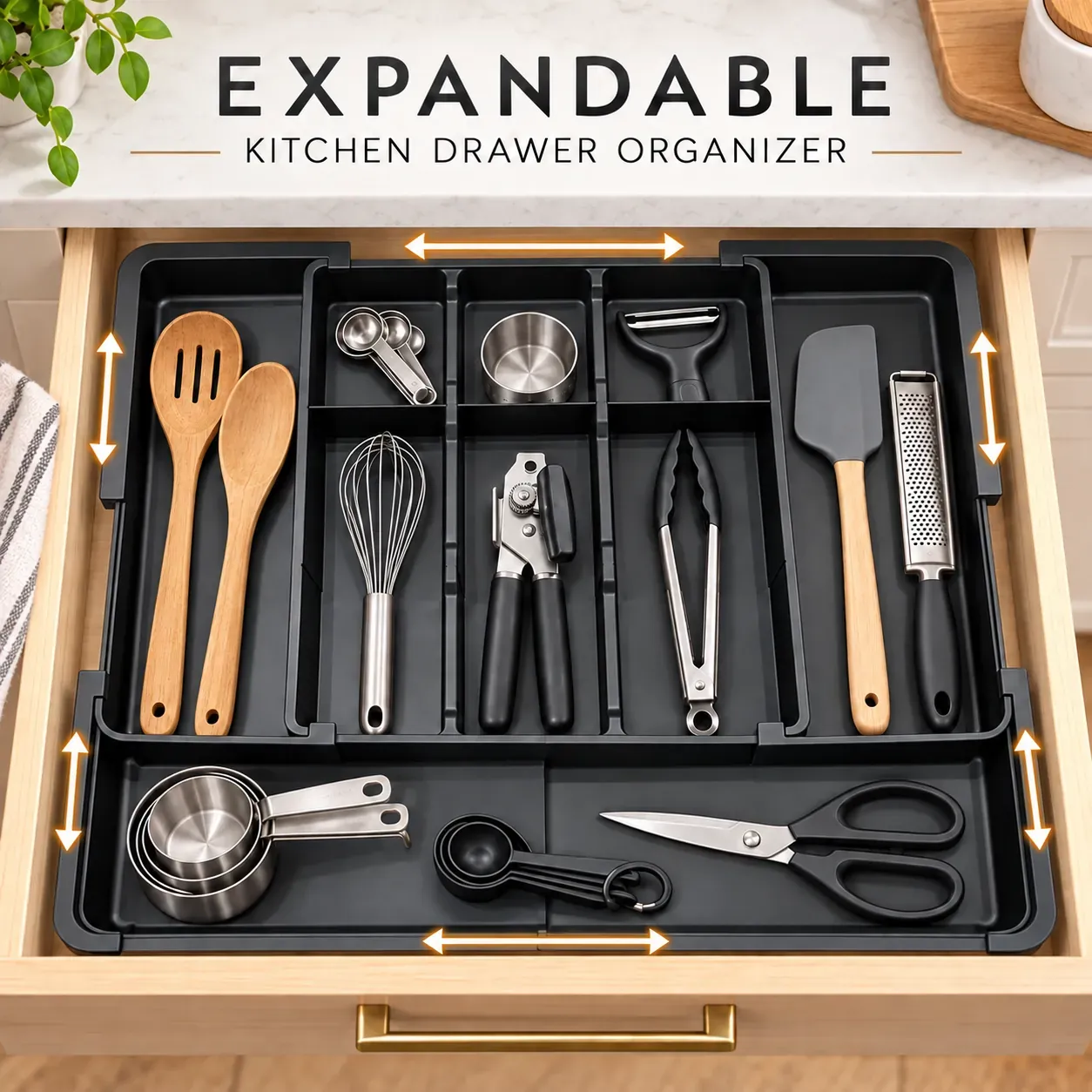 Large Expandable Utensil Drawer Organizer for Spatulas and Gadgets, Black (2-Pack)